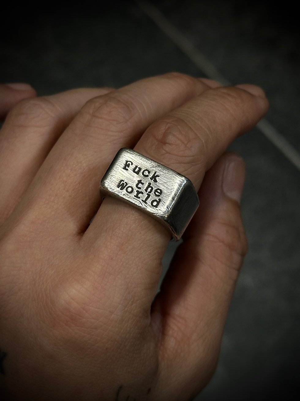 Handmade hollow silver ring - FUCK THE WORLD