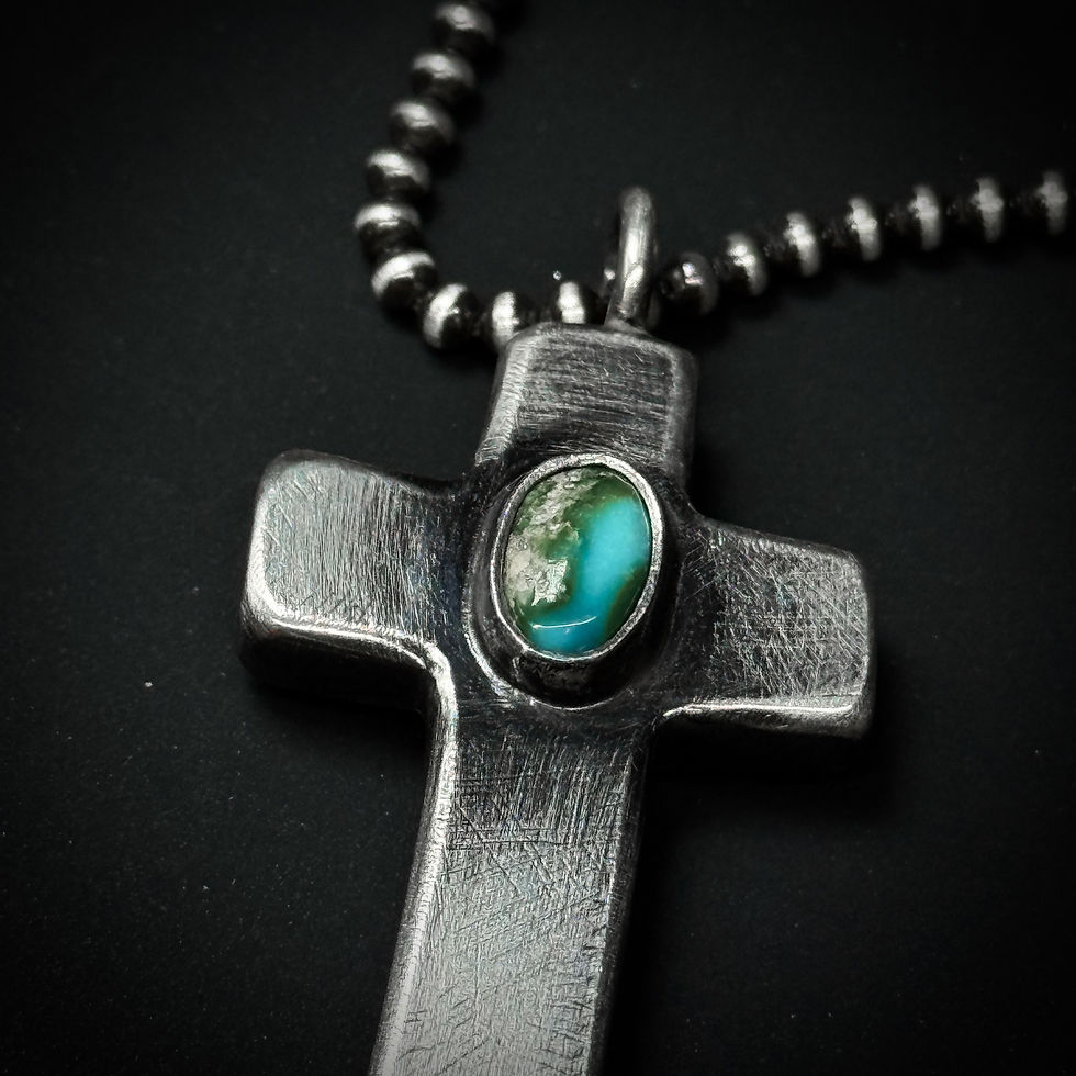 Thumbnail: Handmade silver hollow cross necklace with Turquoise