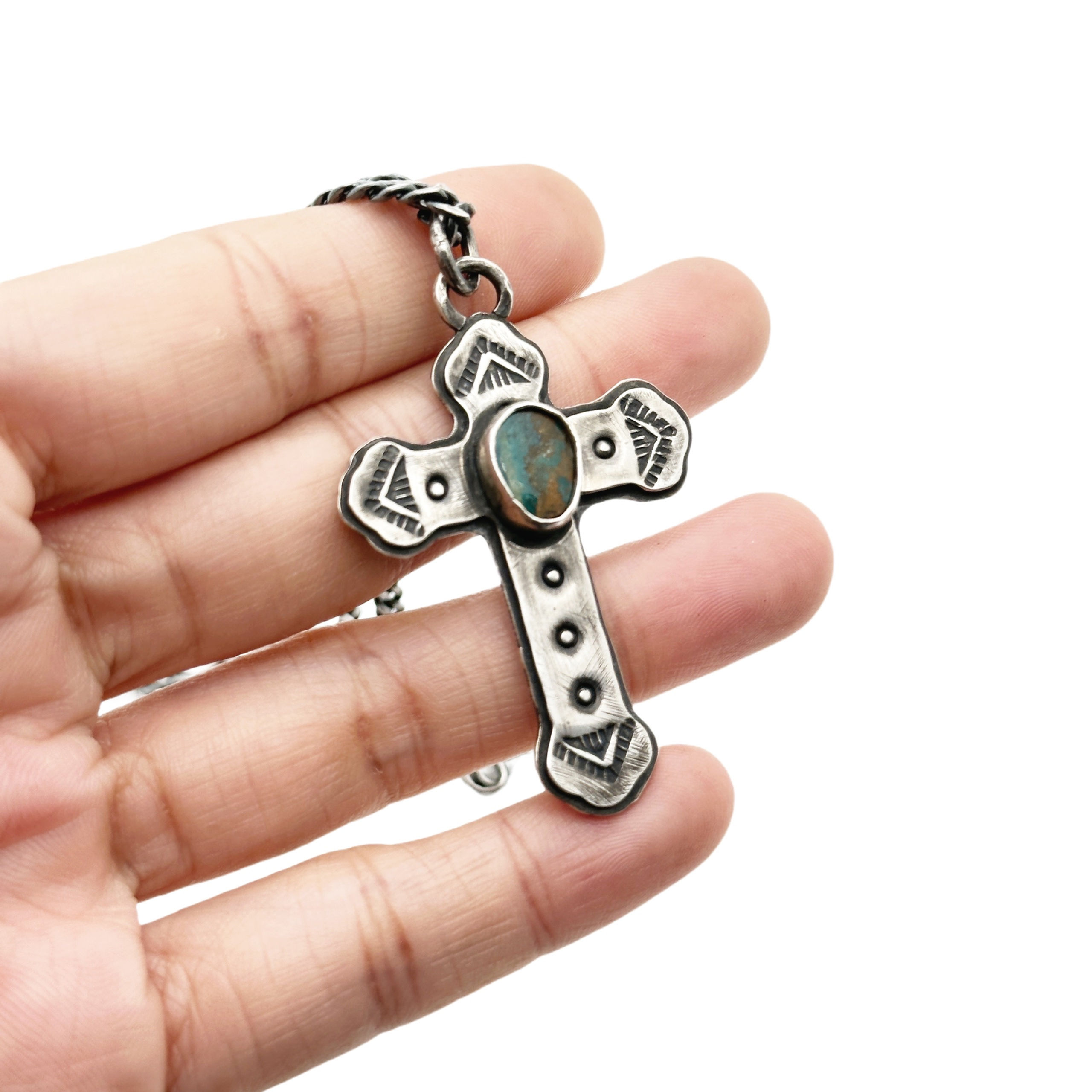 Silver cross necklace with turquoise