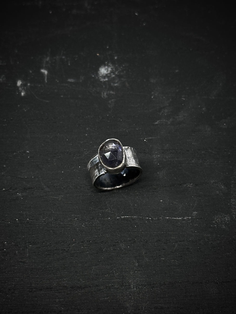 Thumbnail: Handmade silver patterned wide band ring with purple tourmaline