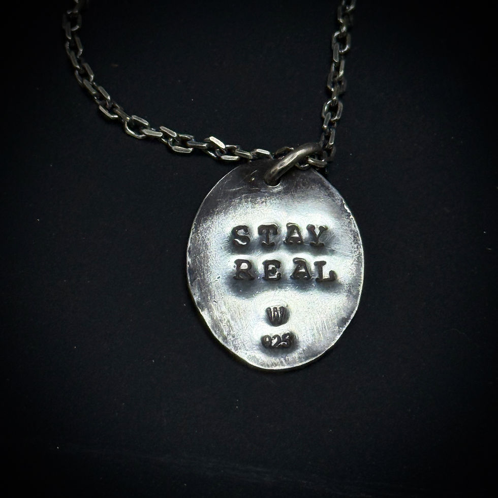 Thumbnail: Handmade silver STAY REAL rustic pendant necklace