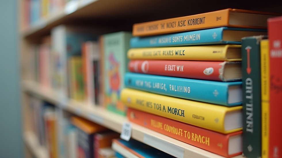 Close-up view of a stack of colorful children's books on a shelf