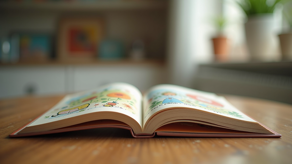 Eye-level view of a colorful children's book open on a wooden table