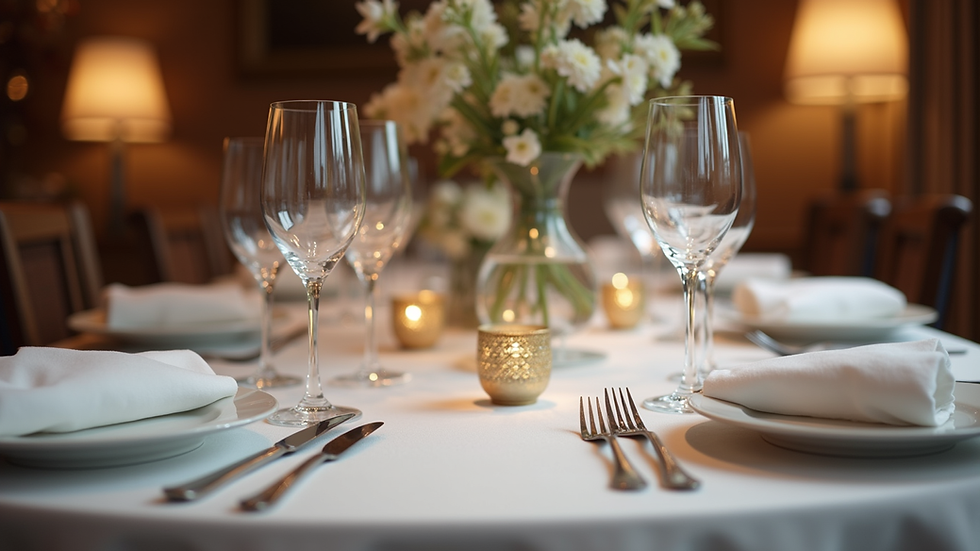 Close-up view of a formal dining table set with elegant cutlery and glassware