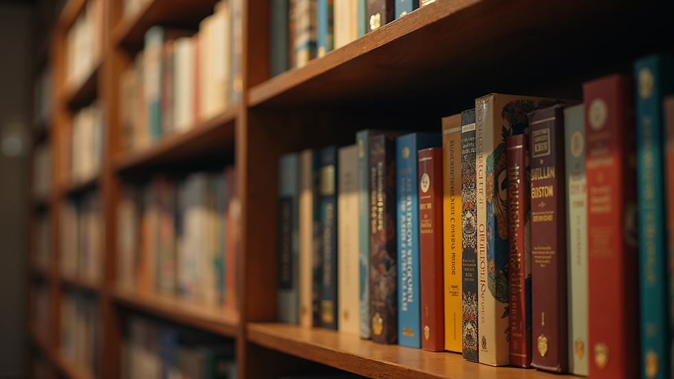 Eye-level view of a bookshelf filled with ISKCON spiritual books