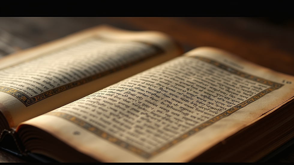 Eye-level view of an open ancient manuscript with Sanskrit text