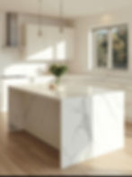 Custom marble-look quartz countertops with island and backsplash, Oakville kitchen remodel