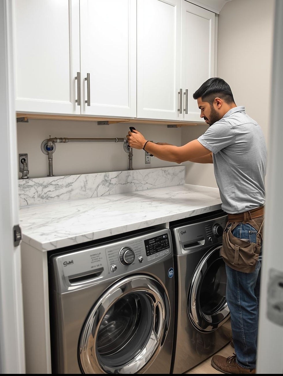 Professional installation of marble laundry room countertop with backsplash, Hamilton custom cabinet