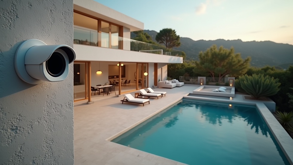 High angle view of a villa with integrated smart security system