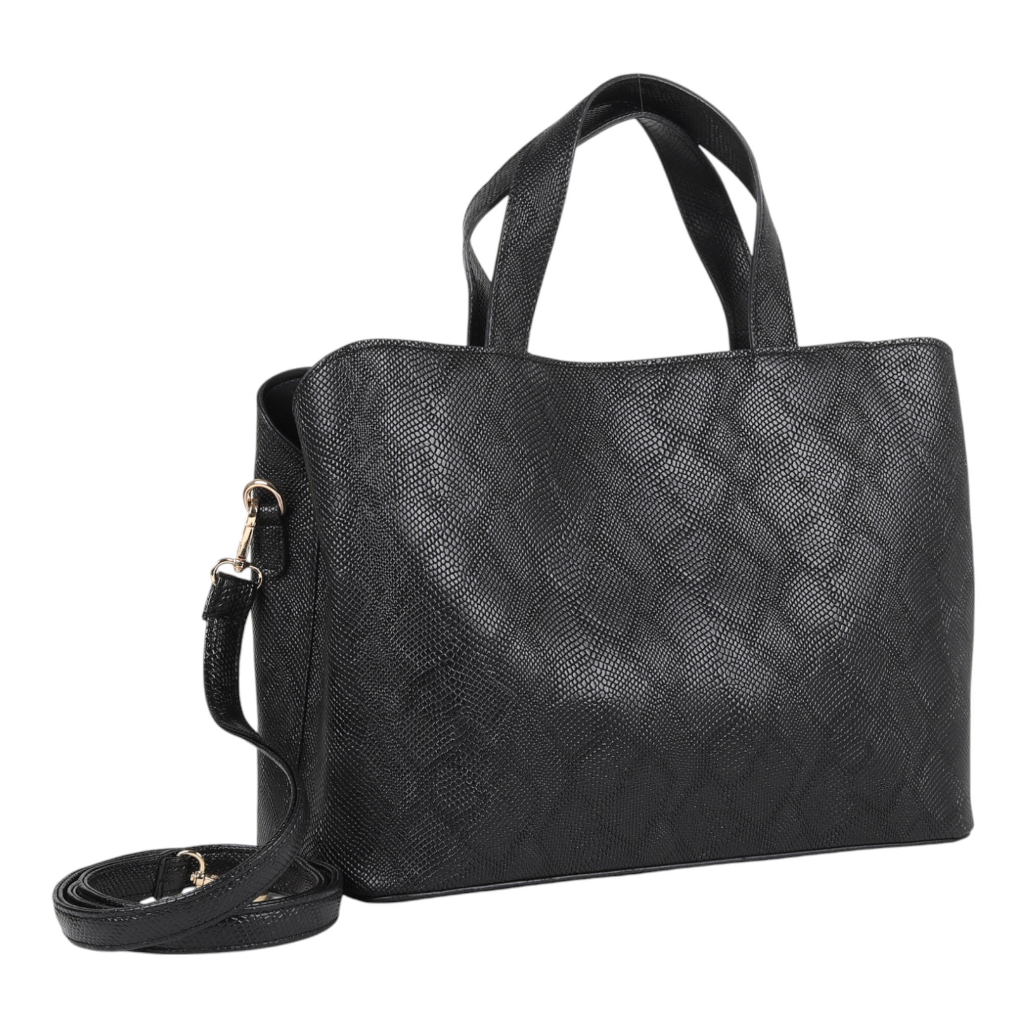 Reseen Siyah Suni Deri Yılan Desenli Omuz & El Çantası – 3 Gözlü, Mıknatıslı ve