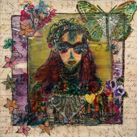 Colorful mixed media painting, expressive face, textured patterns, symbolic figures, masks, abstract motifs, neo-expressionist art, floral motifs, naturalistic elements, 
