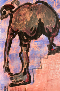 Kevin Wendall (FA-Q), Shite (Cheeky) (1990s), acrylic on paper. A dark, birdlike figure with long legs stands against a pink and blue background.