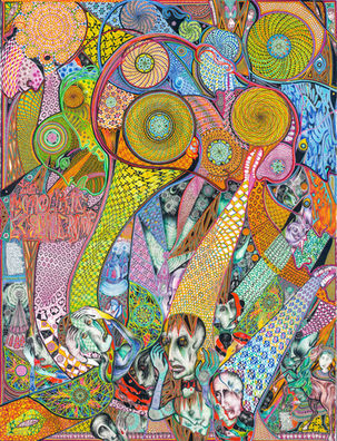 Colorful figurative art, mystical art, symbolic art, archetypal symbolism, subconscious imagery, dreamlike imagery, fantastical imagery, surreal imagery, narrative in contemporary art, psychological, existential themes in art, human condition in art, intricate drawing, highly detailed figurative style, dense patterned composition, imaginative world-building, avant-garde art, experimental art, unique art, contemporary fine art, statement art 