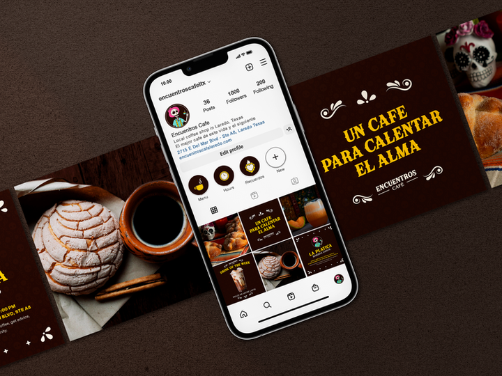 Photo of Phone, Screen shows Mockup Instagram Profile for Encuentros Cafe with Sample Posts