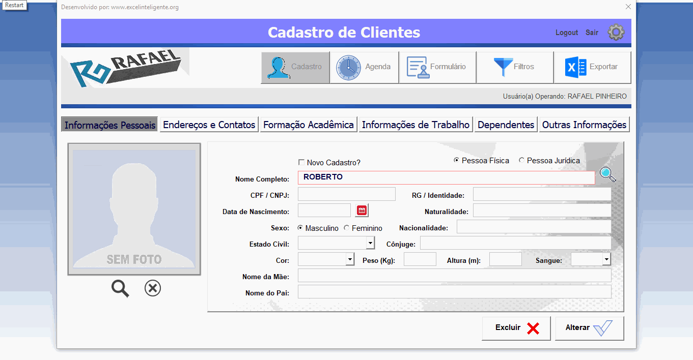 Planilha caastro de clientes e agenda