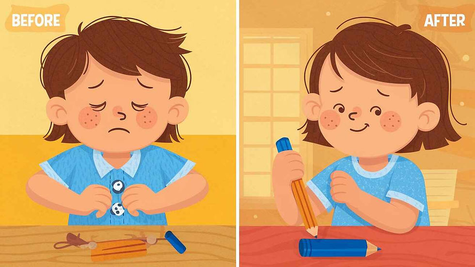 Before and after occupational therapy at We Therapist Centre: Child progressing from struggling with to mastering buttoning skills