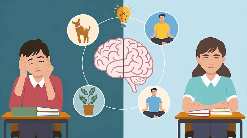Before and after images of a student, transitioning from stressed to confident, surrounded by symbols of anxiety coping strategies.