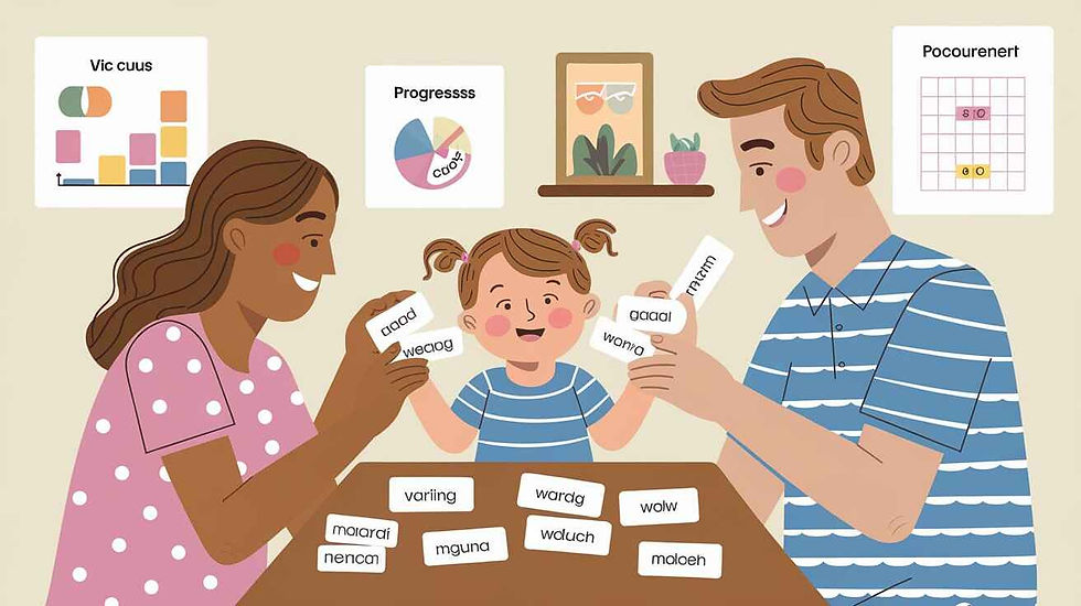 Illustration of parents helping their child with developmental delays during a speech therapy session at home. The child practices with word cards, while visual aids like charts and progress trackers are displayed. The scene reflects the warm, supportive approach of We Therapist Centre. Explore the We Therapist Centre website for tips on therapy and child development.