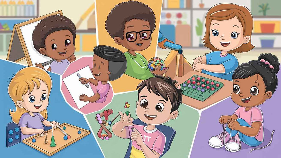 We Therapist Centre: Children practicing writing, exploring sensory toys, and learning life skills in a colorful occupational therapy room