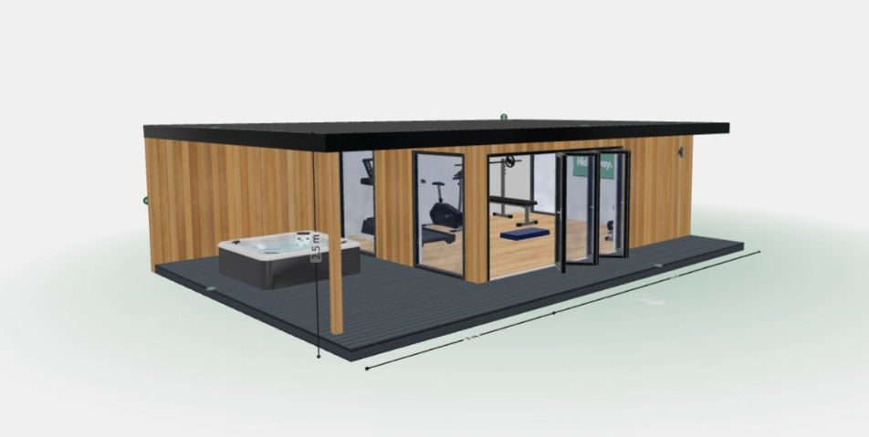 a 3d rendering of a personalised garden room gym showing canopy overhang, big windows, gym eqipment, decking with jacuzzi, bifolding doors and a TV