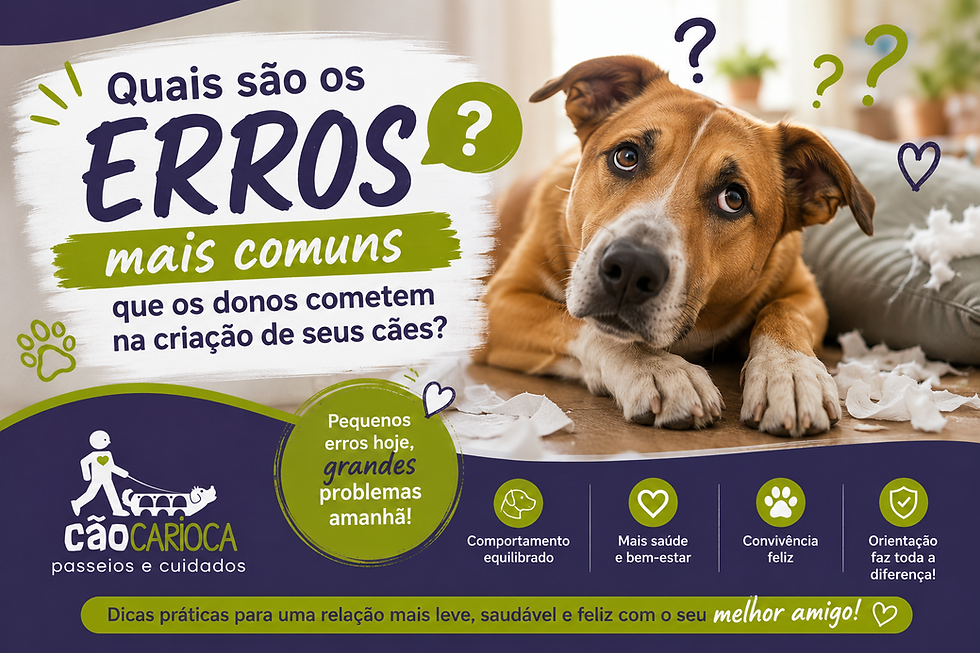 Um Cão sem raça definida de cor caramelo e rosto com detalhe branco e patas nas pontas brancas, com expressão de confuso. Na descrição diz Quais os erros mais comuns que os donos cometem na criação dos seus cães? O logo da Cão Carioca no lado inferior esquerdo, e alguns item descritivos abordando comportamentos , bem estar animal, convivência feliz e orientação faz toda diferença.