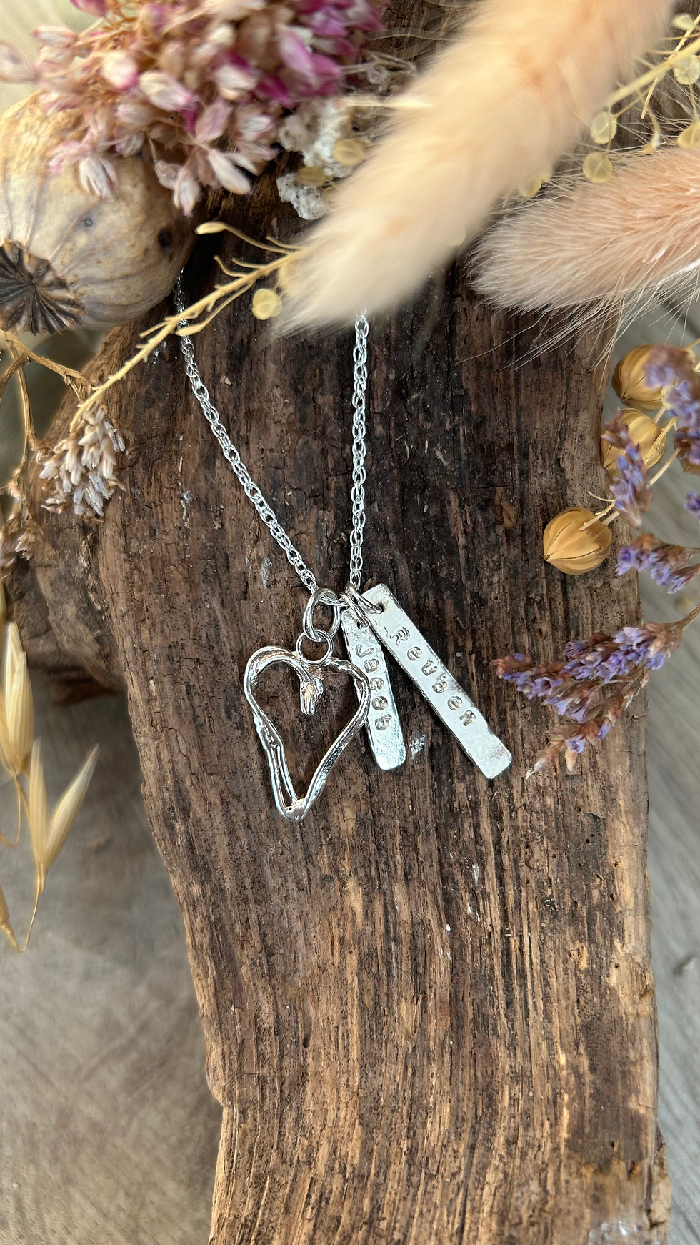 Handmade sterling silver wire heart necklace with 2 rectangular handstamped tags