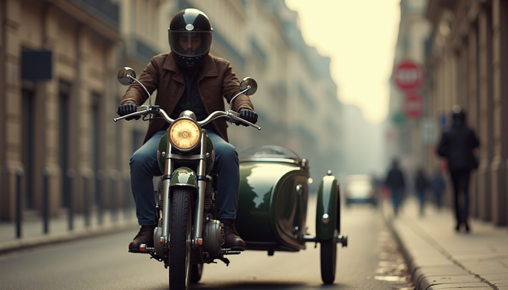 眼平视角拍摄的巴黎街头复古摩托车和边车