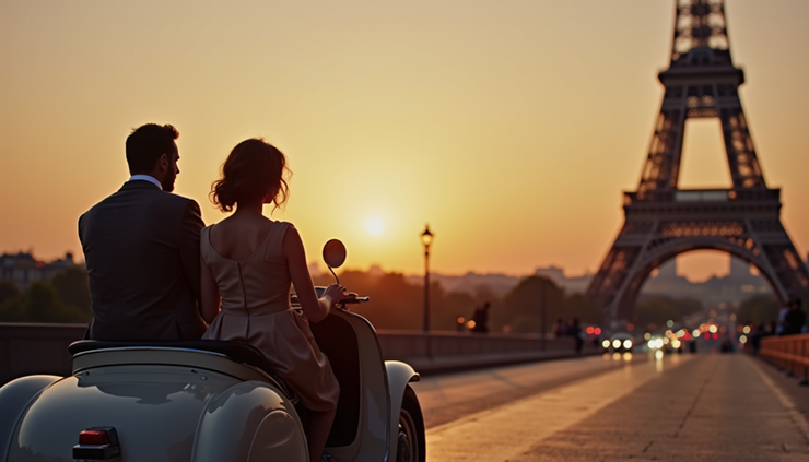 High angle view of a couple enjoying a sidecar ride past the Eiffel Tower at dusk