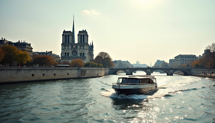 High angle view of a boat cruising along the Seine River with Paris landmarks in the background