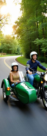 couple riding a side car in Versaille forest, daylight