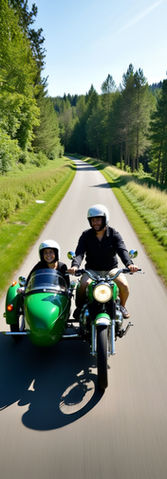 couple on a green sidecar in foret, in Versailles