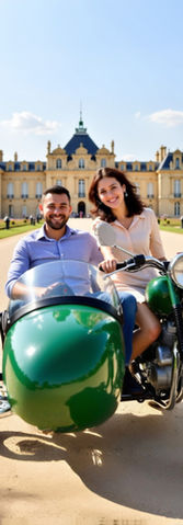couple on a side-car in Versailles garden