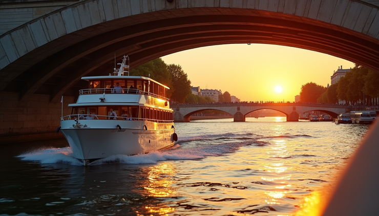 Close-up view of Seine river cruise boat passing under Paris bridge at sunset