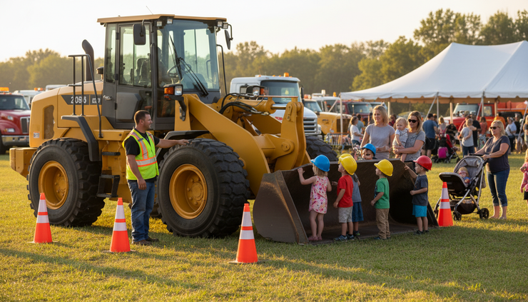 Eye-level view of families exploring a parked construction vehicle at a community touch event