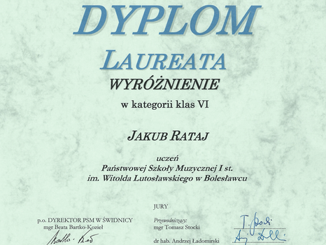 Dyplom Laureata dla Jakuba Rataj