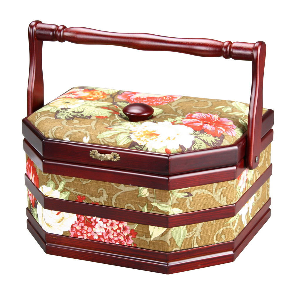 Hexagonal Tapestried Wooden Sewing Basket Box Movable Inner Tray