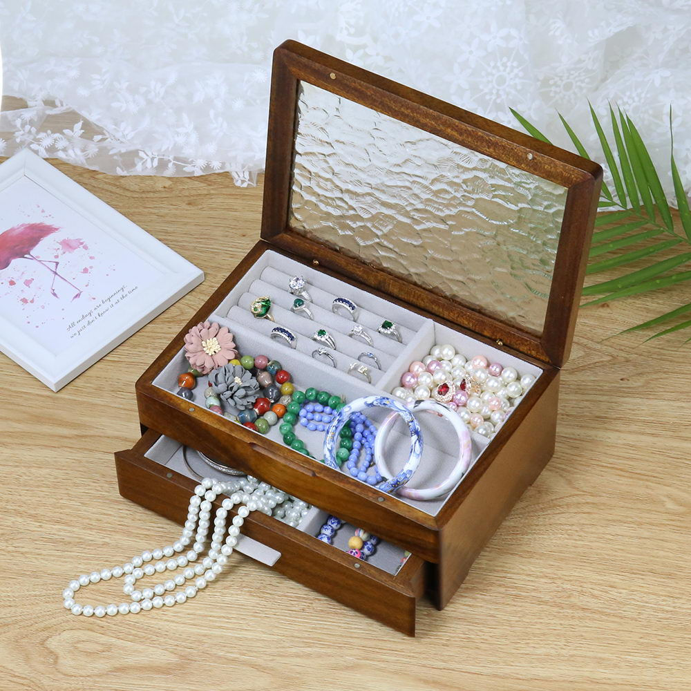 Walnut Solid Wood Jewelry Box Rippled Glass Flip Top Lid