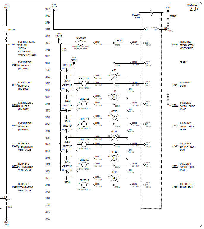 Electrical schematic showing circuit connections and components like relays and switches. Text includes burner labels and references. Black lines on white.