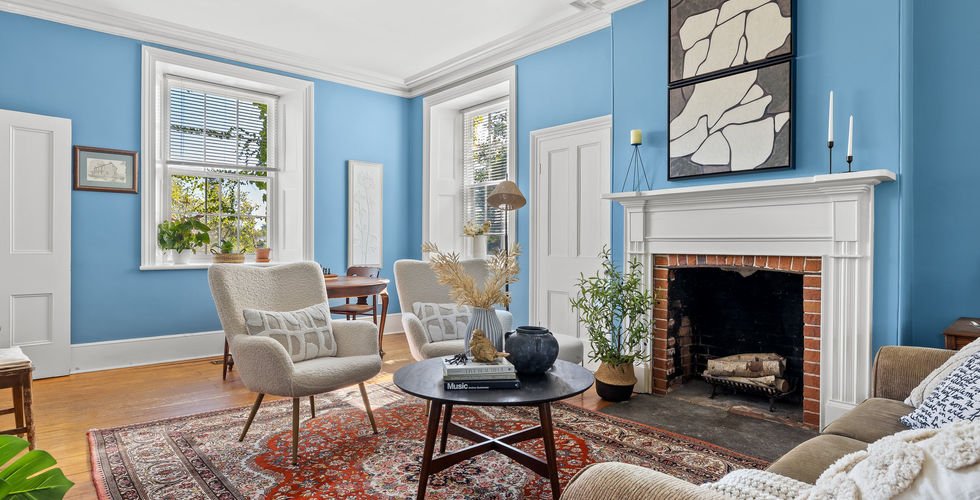 Modern living room/ parlour at heritage designated Allerdean Hall