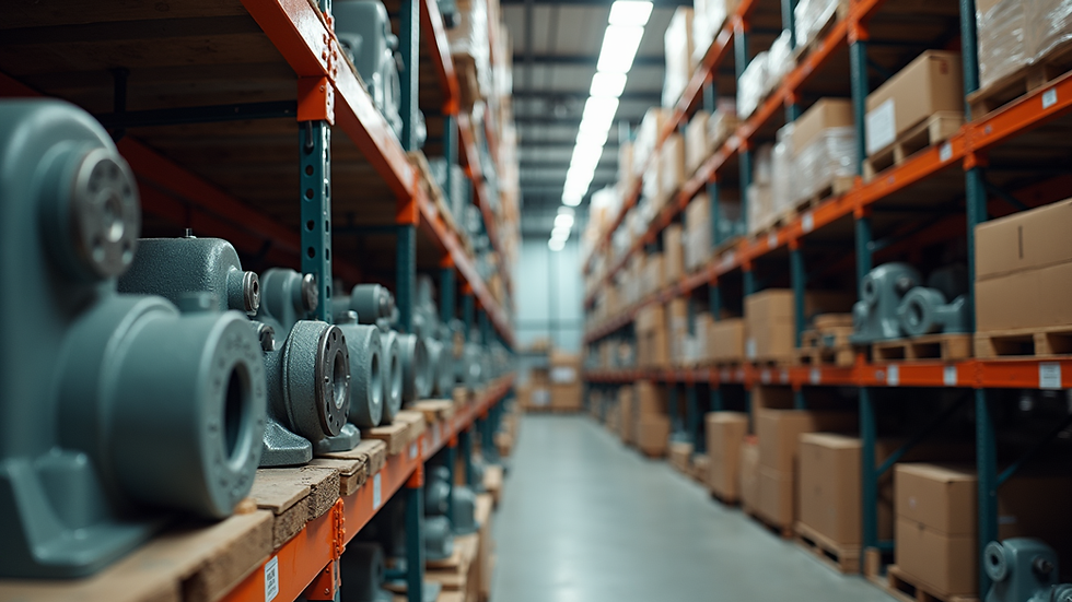 Eye-level view of warehouse shelves stocked with Afridev pump spare parts