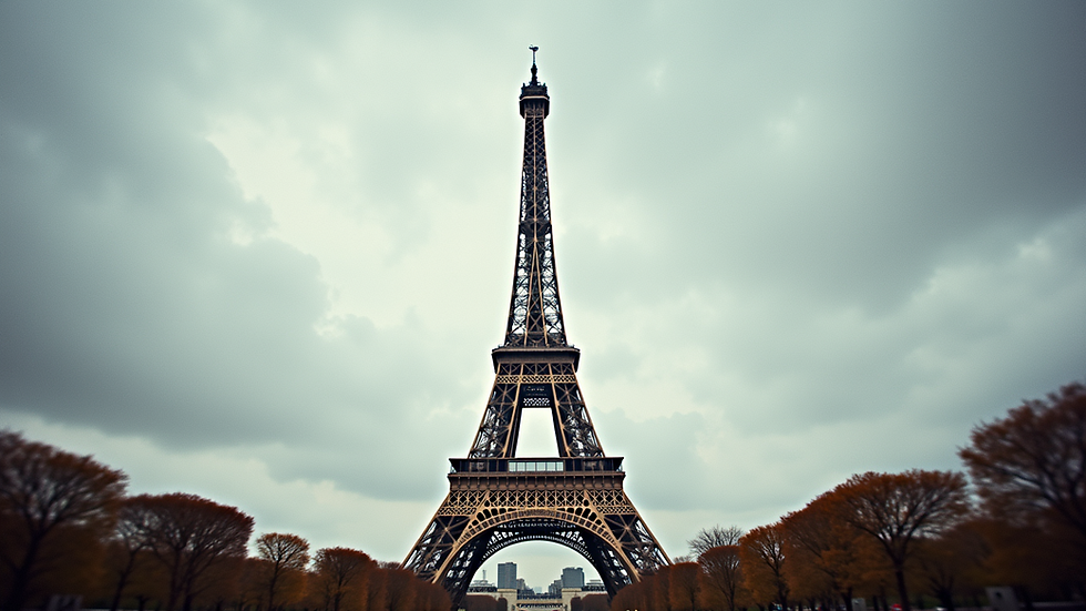 Eye-level view of the iconic Eiffel Tower in Paris