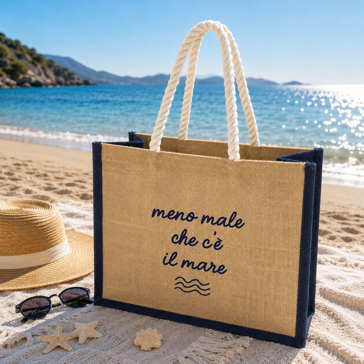 Borsa Mare in Juta "Meno male che c'è il mare" - Blu