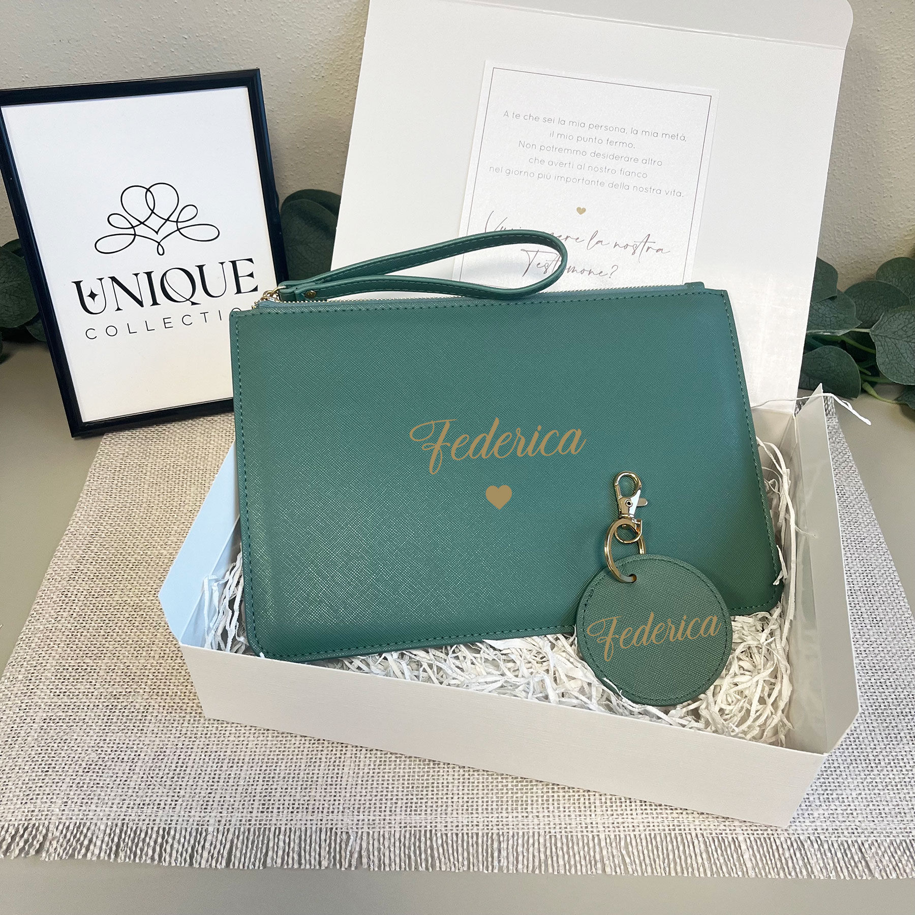 Box Regalo Verde Pochette in Similpelle + Portachiavi Tondo