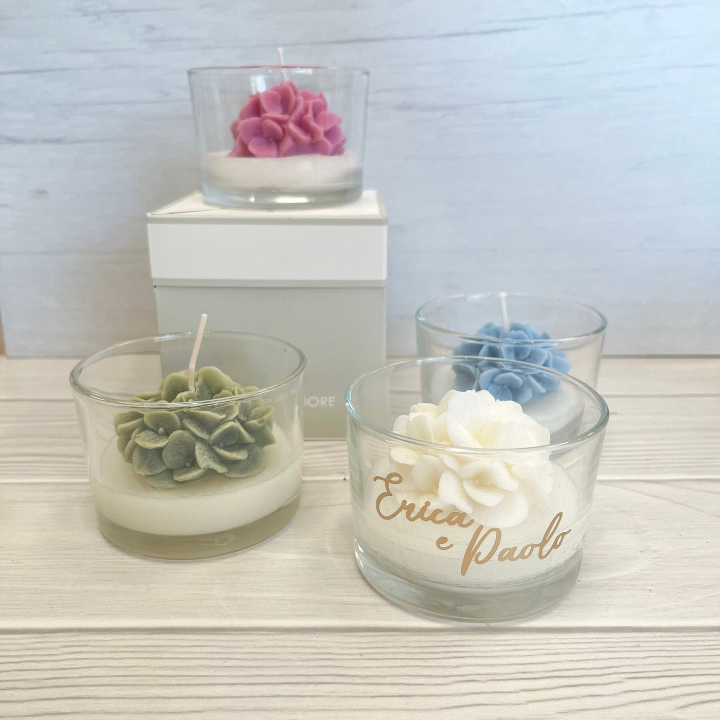 Bomboniera Candela in Vetro Fiore Ortensia