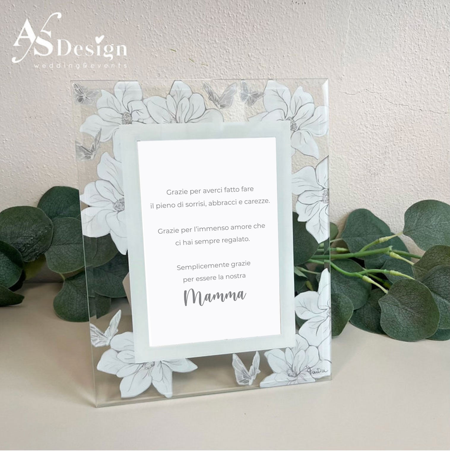 Portafoto in Vetro Fiori Bianchi con Dedica - Idea Regalo Mamma