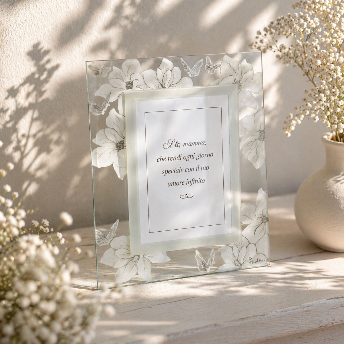 Portafoto in Vetro "Fiori e Farfalle" con Dedica per la Mamma