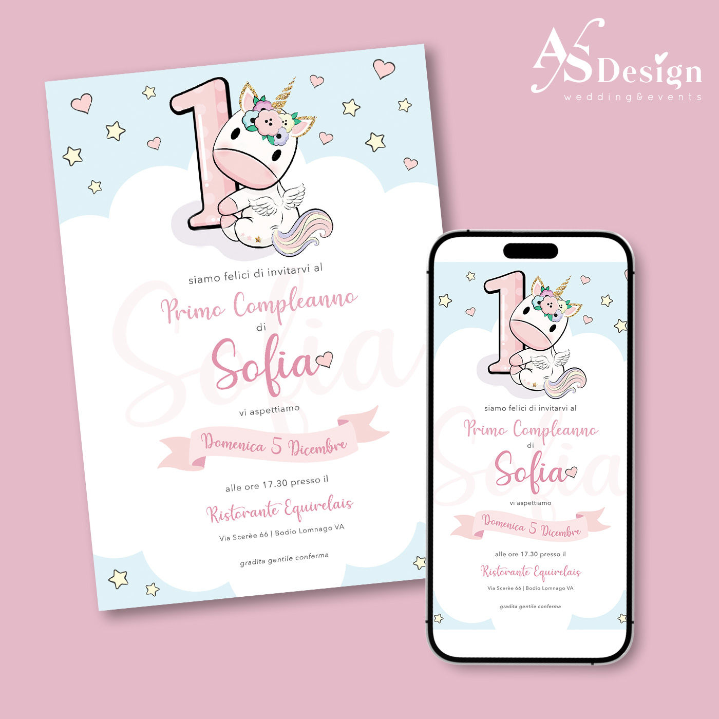 Invito Digitale Compleanno "Unicorno" Personalizzato
