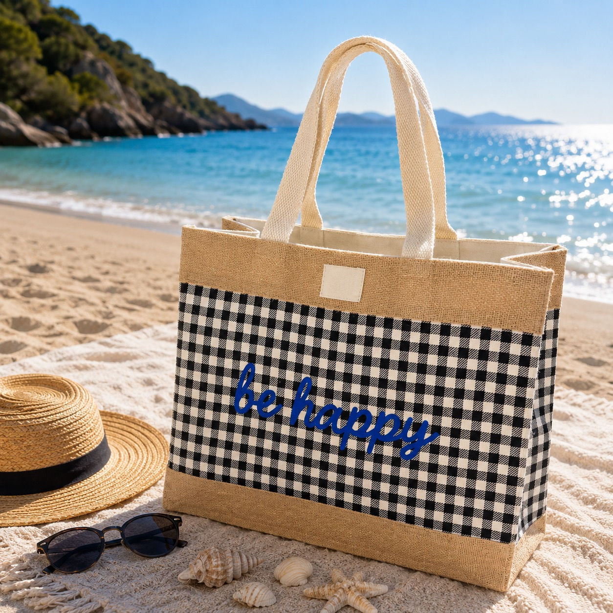 Borsa Mare Vichy in cotone e juta "Be Happy"