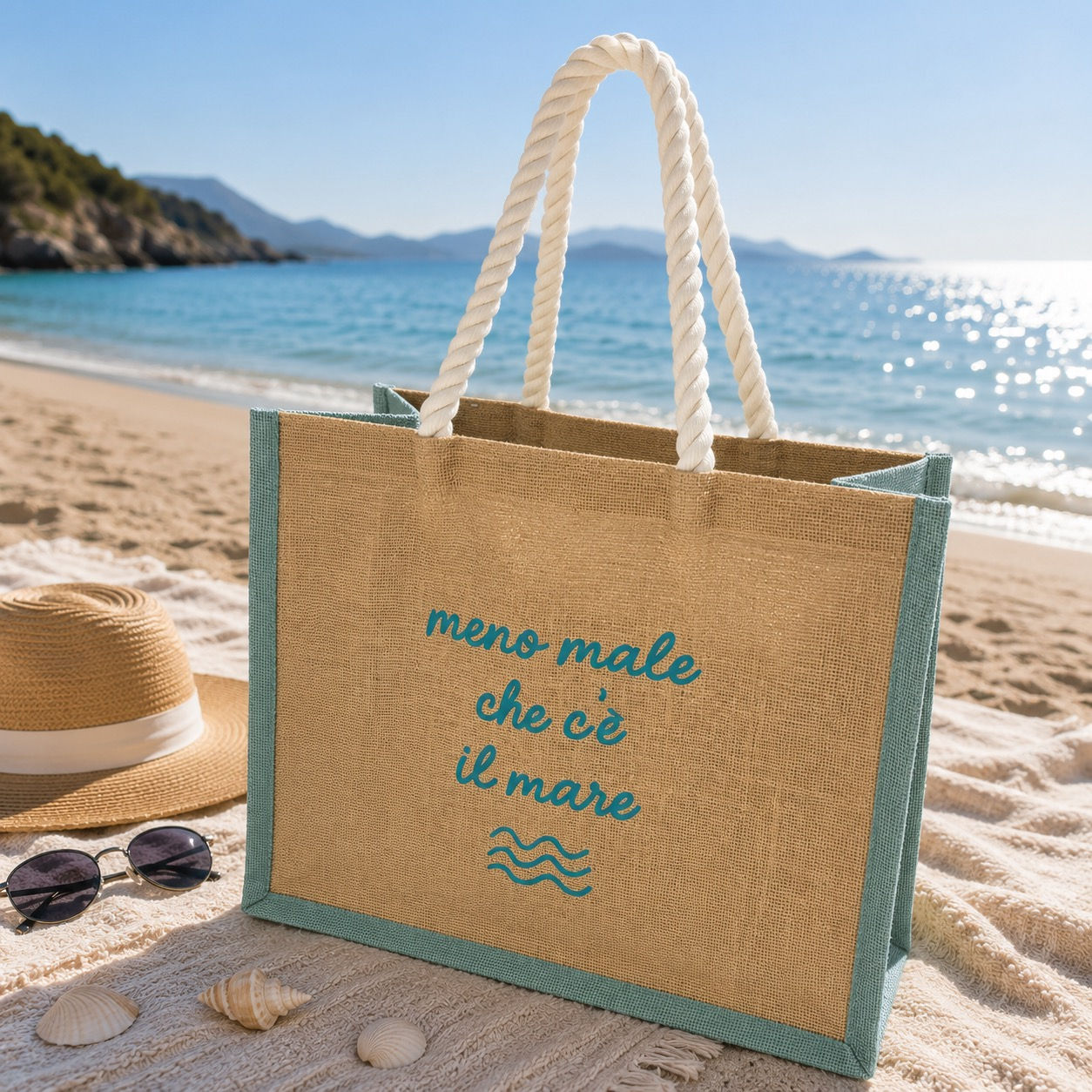 Borsa Mare in Juta "Meno male che c'è il mare" - Verde Acqua