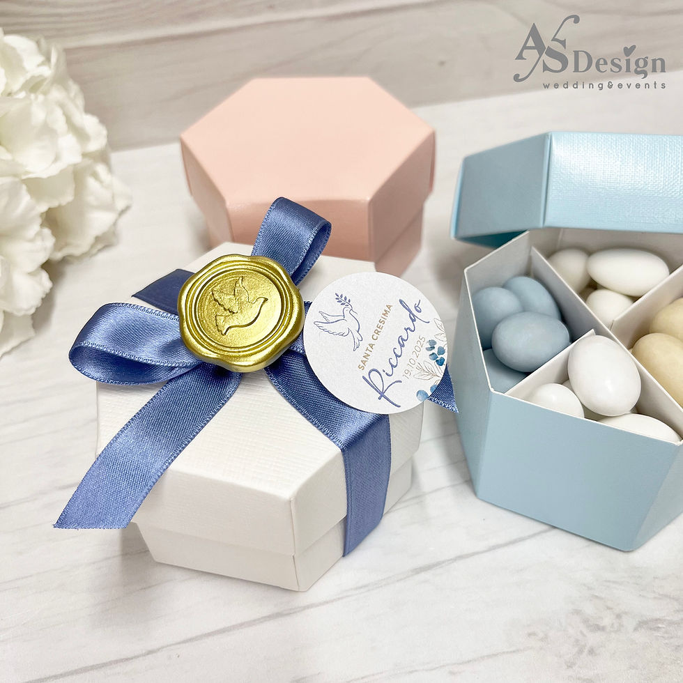 Miniatura: Bomboniera Scatola Esagonale con Confetti e Ceralacca